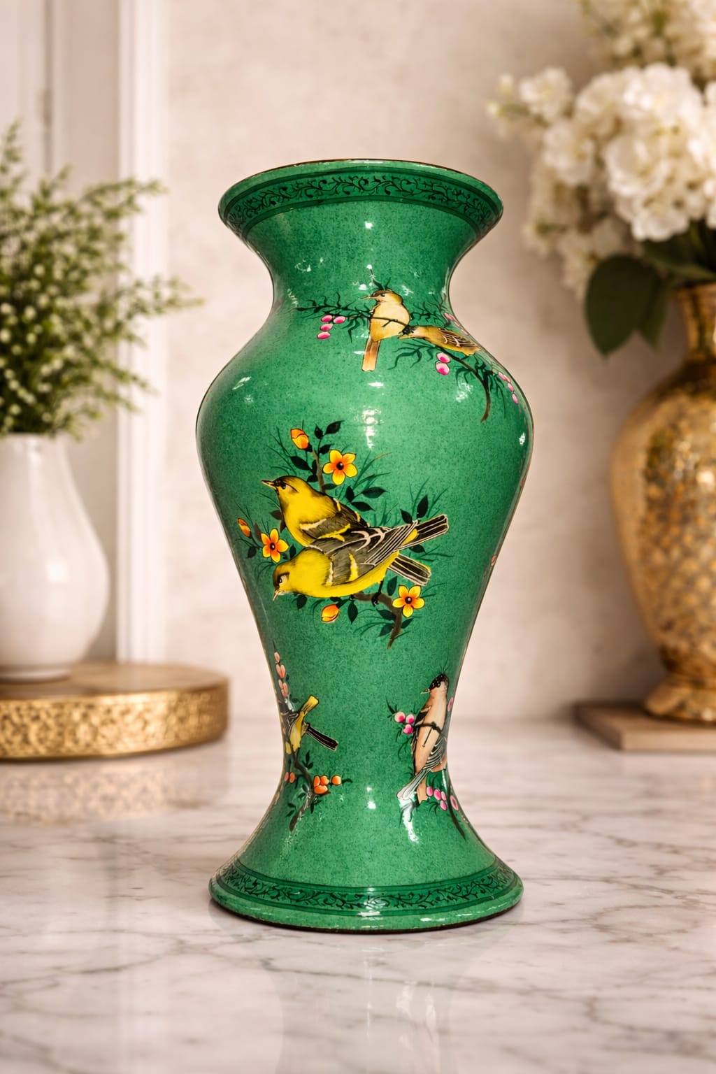 Handmade Kashmiri paper mache flower vase, Hand painted flower vase with birds and floral design